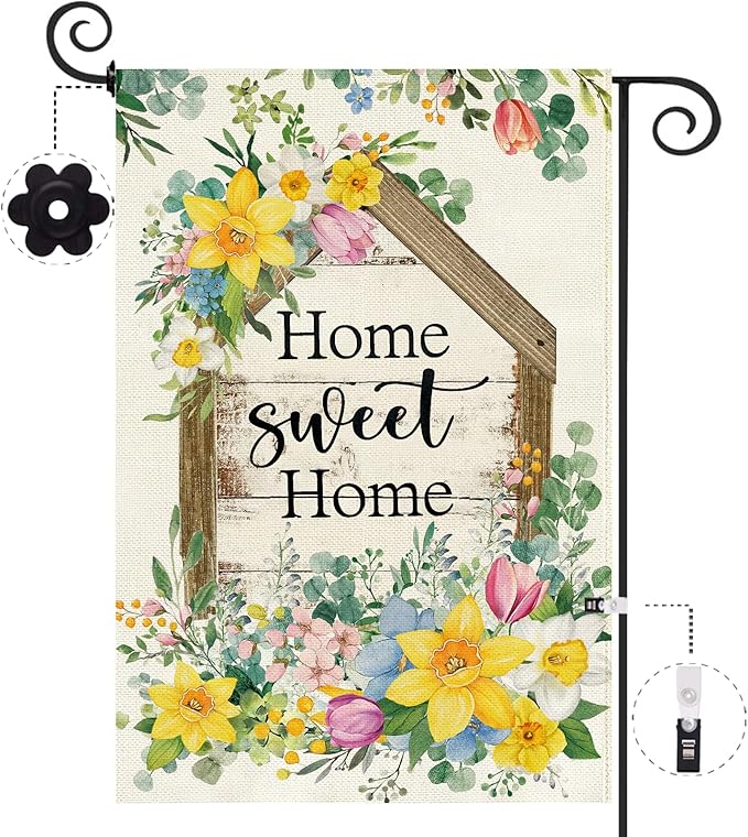 Baccessor Spring Summer Garden Flag 12.5 x 18 Inch, Home Sweet Home Eucalyptus Floral Double Sided Burlap Welcome Small Yard Flag Seasonal Holiday Lawn Proch Outdoor Outside Decor