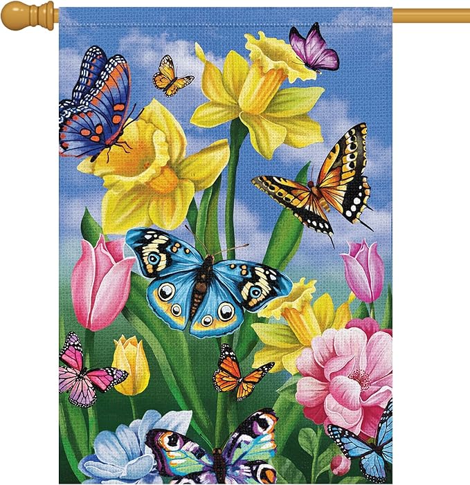 Louise Maelys Spring Garden Flag 28x40 Double Sided Vertical, Burlap Large Butterfly Floral Flower Welcome Yard House Outside Outdoor Summer Decoration