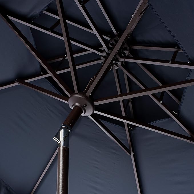 SAFAVIEH 9ft Outdoor Patio Umbrella, Double Top, Valance, Navy & White Trim, Double Top, Auto Crank Tilt, UV Resistant for Deck, Backyard, Poolside (PAT8206A)