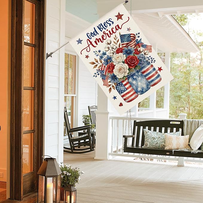 AVOIN colorlife God Bless America Mason Jar Patriotic House Flag 28x40 Inch Double Sided Outside, 4th of July Memorial Day Stars and Stripes Floral Yard Outdoor Decoration