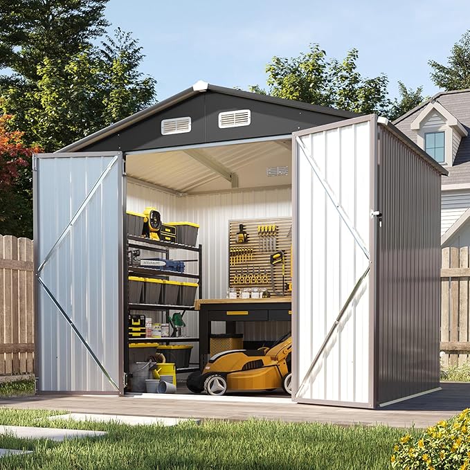 Aoxun 8x6 FT Outdoor Storage Shed Garden Metal Shed with Lockable Door Outdoor Large Shed for Tool, Garbage Can, Bike, Mower, Brown