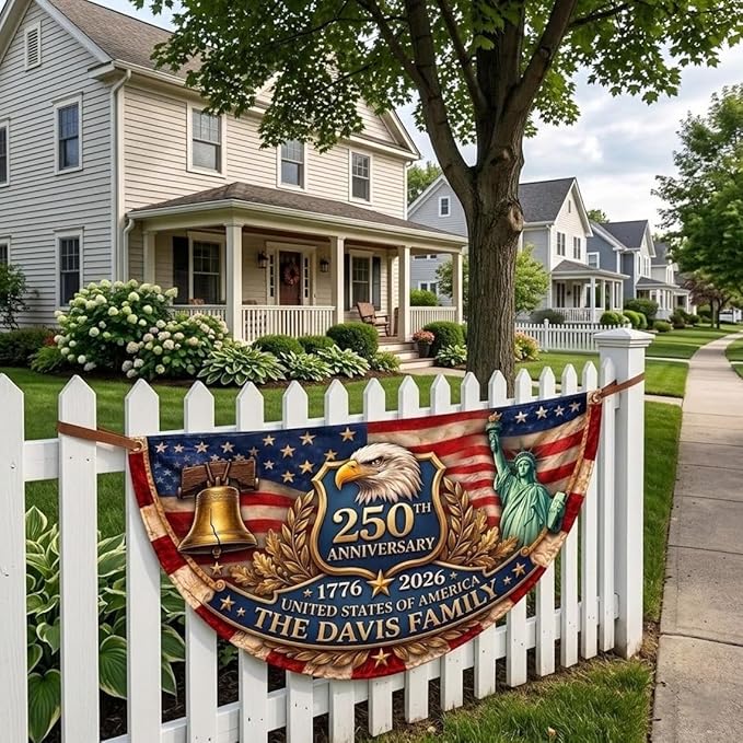 Custom America 250th Anniversary Bunting Flag, Personalized Name Semiquincentennial Flag, America 1776 2026 Banner, USA 250 Years Outdoor Decor, Patriotic Family Family Porch, Fence