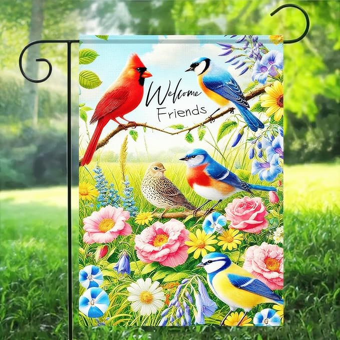 BlissYard Welcome Friends Summer Spring Garden Flag Spring Cardinal Birds Flowers Butterfly Yard Flag Flowers Daisy Hummingbirds Decorative Garden Flag Banner for Outdoor Home Decor Party