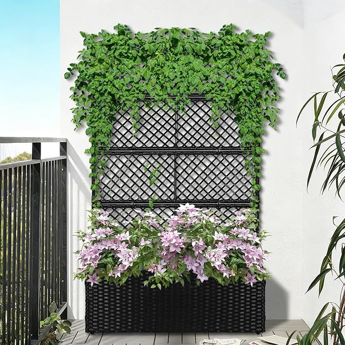 SUNNYPARK 52’’ H Garden Planter Box with Trellis Outdoor for Vine Climbing Plants, Flowers Handwoven Rattan Garden Bed with Removable Liners for Backyard Patio Balcony