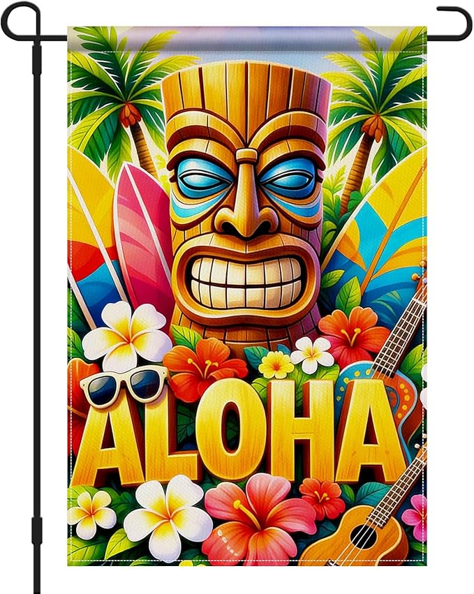 IVN Tiki Surf Aloha Beach Garden Flag 12x18 Burlap Surfboards Ukulele Sunglasses Palm Trees Double Sided Summer Outdoor Yard House Flag for Outside Home Front Door Lawn Porch Patio Welcome Summer Decor