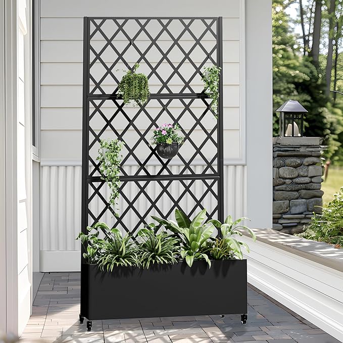 Casaphoria 72"x35" Metal Raised Garden Bed with Trellis(2 Pack), Outdoor Planter Box with Wheels & Drainage Holes for Climbing Plants, Flowers, Elevated Garden Kit with Privacy Screen, Black-Laurence