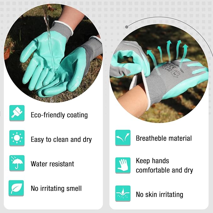 HAUSHOF Gardening Gloves for Women Ladies Thorn Proof 6-Pairs Work Gloves, Women's Breathable Garden Gloves Nitrile Coated with Texture for Yard Work, Pink & Green Large Size