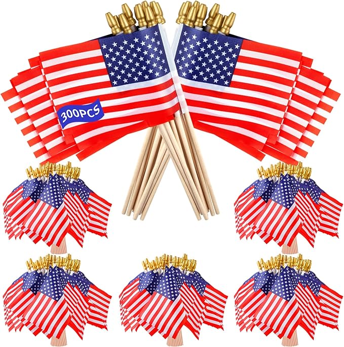 300pcs Small American Flags on Stick, Handheld 4 x 6 Inchs Mini American Flags with Kid-Safe Golden Spear Top, US Flags for 4th of July Decorations Outdoor, Independence Day Decorations