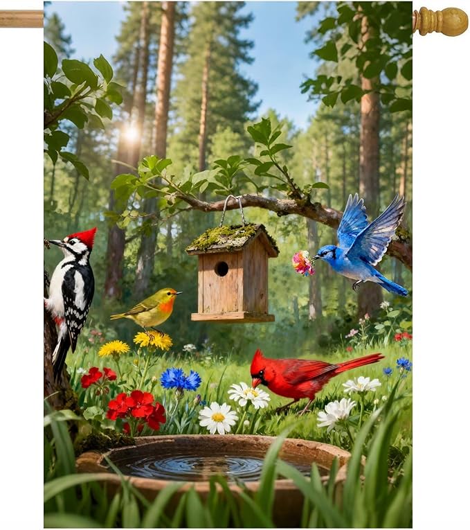 Birdhouse Cardinal Woodpecker Blue Bird Flowers Lush Woodland House Flag 28" x 40" Double Sided Polyester Welcome Large Yard Garden Flag Banners for Patio Lawn Home Outdoor Decor