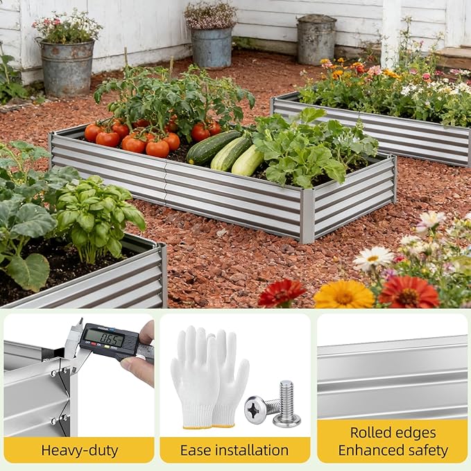 SUPERLELE 6x3x1ft Silver Galvanized Raised Garden Bed, Thickened Metal Planter Box for Outdoor Vegetables & Flowers, 72" L x 36" W x 12" H