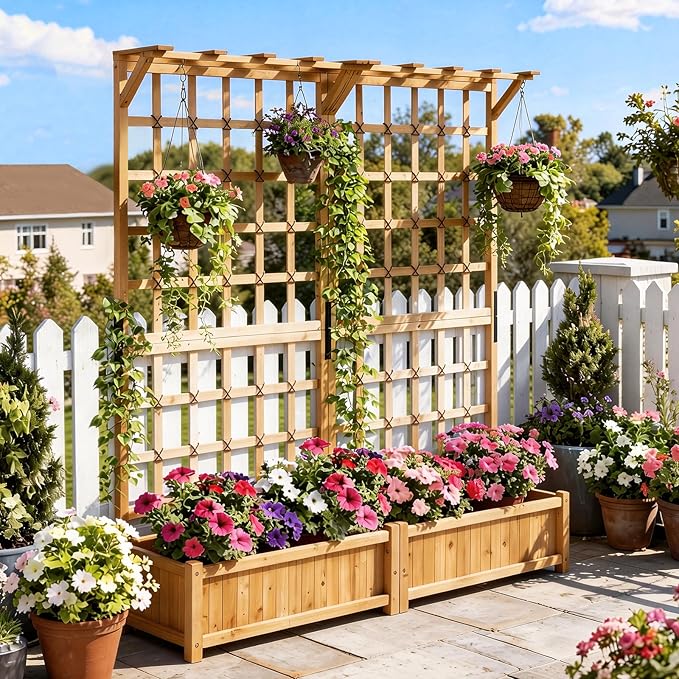 Aoxun 108" Raised Garden Bed with Trellis, Wood Planter Container with Hanging Roof & Garden Boxes for Climbing Plants Flowers Vine (3 piece)