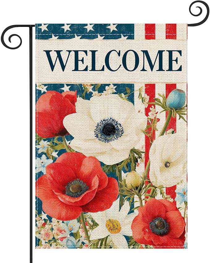 Patriotic 4th of July Floral Welcome Garden Flag 12.5x18 Inch, Double-Sided American Flag Stars Stripes with Poppy Flowers Small Yard Flag, Memorial Day Seasonal Outdoor Decoration
