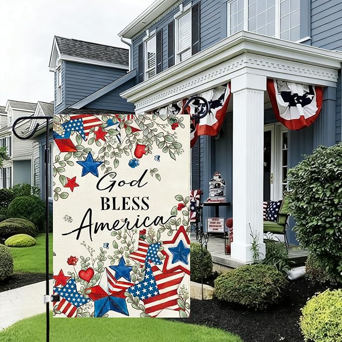 Baccessor Patriotic Garden Flag 12.5 x 18 Inch, Double Sided Burlap 4th of July Memorial Day Stars Floral Welcome Small Yard Flag for Porch Patio Seasonal Holiday Outdoor Outside Decor