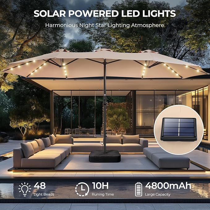 HOMSHADE Double Sided Patio Umbrellas - 15ft Solar Lights LED Lighted Outdoor Extra Large Market Table Umbrella with Base Included, Oversized Umbrella for Deck, Pool, Backyard (Beige)