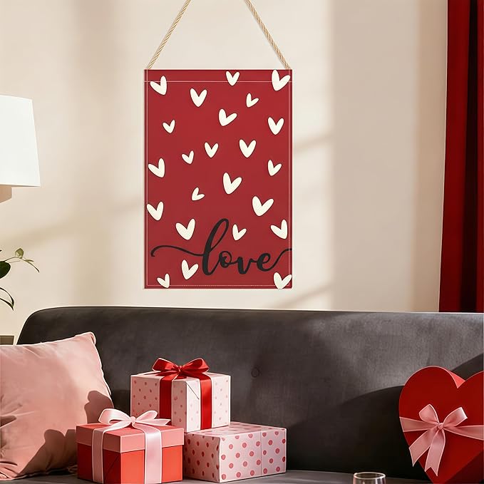 Valentines Day Garden Flag, 12x18 Inch Double Sided Red Love Hearts Design Hearts Rustic Anniversary Wedding Decor Indoor Outdoor Yard Flag Decoration