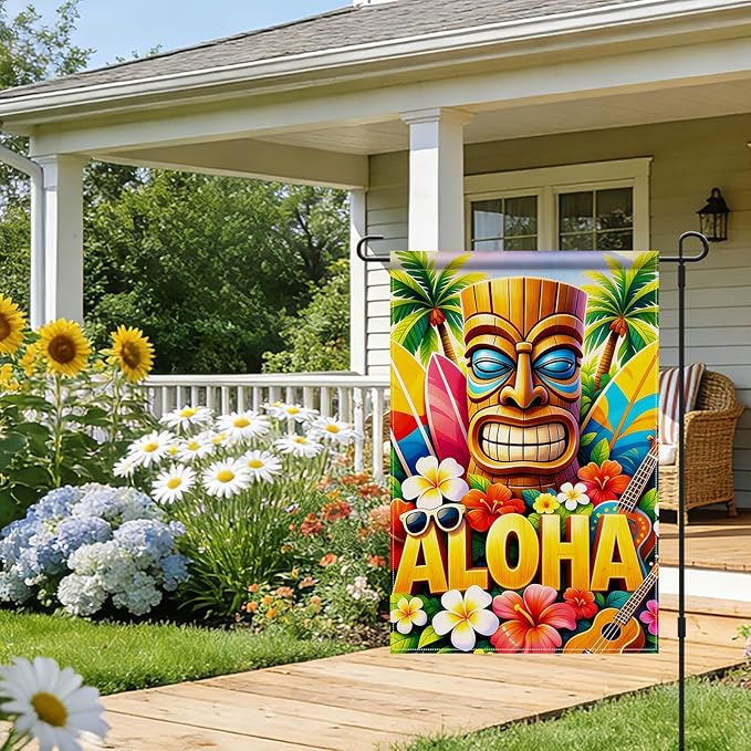 IVN Tiki Surf Aloha Beach Garden Flag 12x18 Burlap Surfboards Ukulele Sunglasses Palm Trees Double Sided Summer Outdoor Yard House Flag for Outside Home Front Door Lawn Porch Patio Welcome Summer Decor