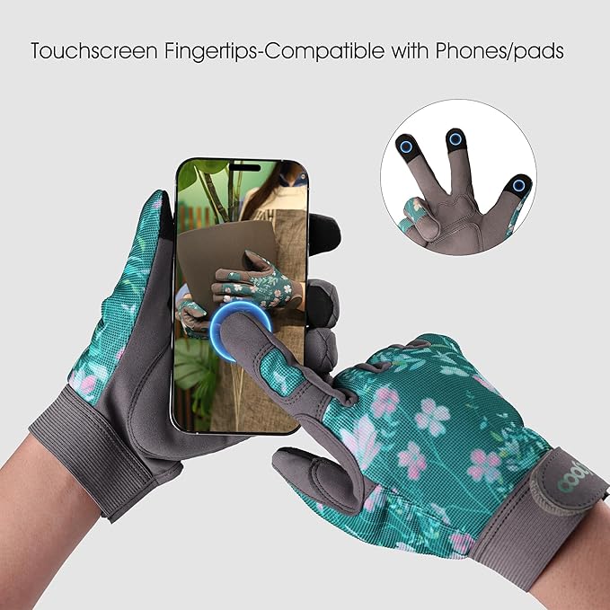 COOLJOB Medium Gardening Work Gloves for Women Ladies, Thorn Proof for Rose Pruning, Cactus Handling, Blackberry Bush Planting, Puncture Resistant Anti-Slip Flexible, 1 Pair M Green Flower