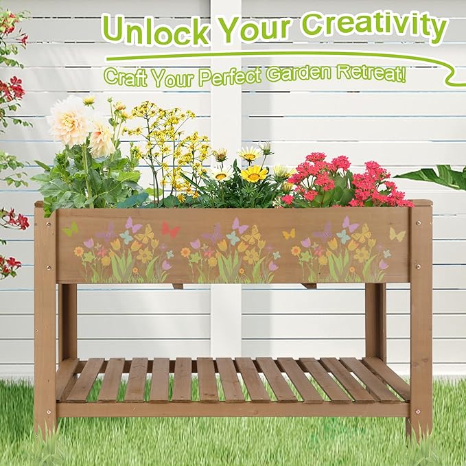 Raised Garden Bed with Legs - Elevated Wooden Planter Box, Durable Fir Wood, Reinforced Frame with Drainage Holes, Liner, and Storage Shelf for Vegetables, Herbs, Flowers, 47" x 23" x 30"