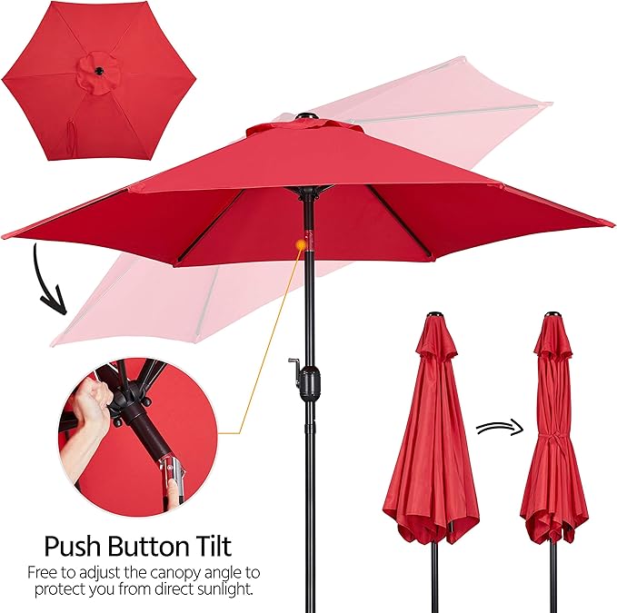 Yaheetech 7.5FT Patio Umbrella Outdoor with Heavy Duty Base Included,Table Umbrella with Push Button Tilt and Crank, UV Protection Waterproof for Yard/Outdoor/Wedding Parties and Events - Red