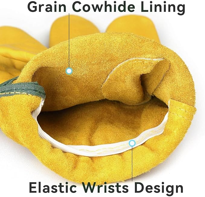 OZERO Leather Work Gloves for Men & Women,3 Pairs Genuine Cowhide Garden Gloves, Lab Tested EN388 2143X, Flexible Grip, Breathable Unlined Comfort, Elastic Wrist (Gold, X-Large)