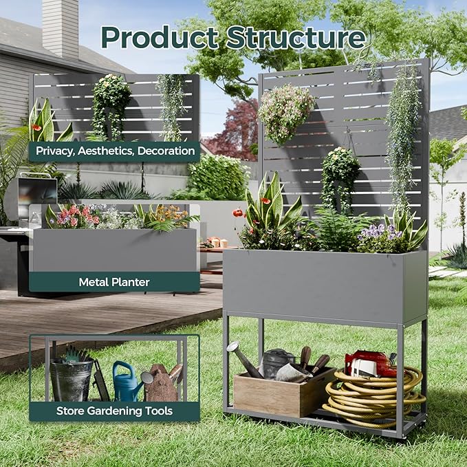 Metal Planter Box, Multi-Functional & Easy to Assemble, 67" H x 35" W Raised Garden Bed for Climbing Plants, Elevated Standing Garden Planter with Drainage Holes for Outdoor Patio, Grey