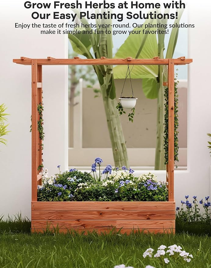 Raised Garden Bed with Trellis, Wood Planter Box with Hanging Roof, Side Trellis & Drainage, Freestanding Garden Planter for Climbing Plants, Vegetables, Flowers