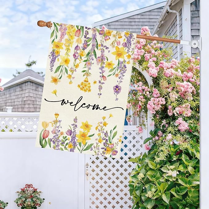 Baccessor Spring Summer House Flag 28 x 40 Inch, Wisteria Daffodil Floral Double Sided Burlap Welcome Large Yard Flag Seasonal Holiday Lawn Proch Outdoor Outside Decor