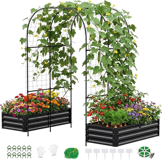 DoCred 3 in 1 Raised Garden Bed with 87in Tall Arch Trellis for Climbing Plants, Galvanized Planter Garden Box Outdoor for Gardening, Climbing Vegetables, Flower, Black