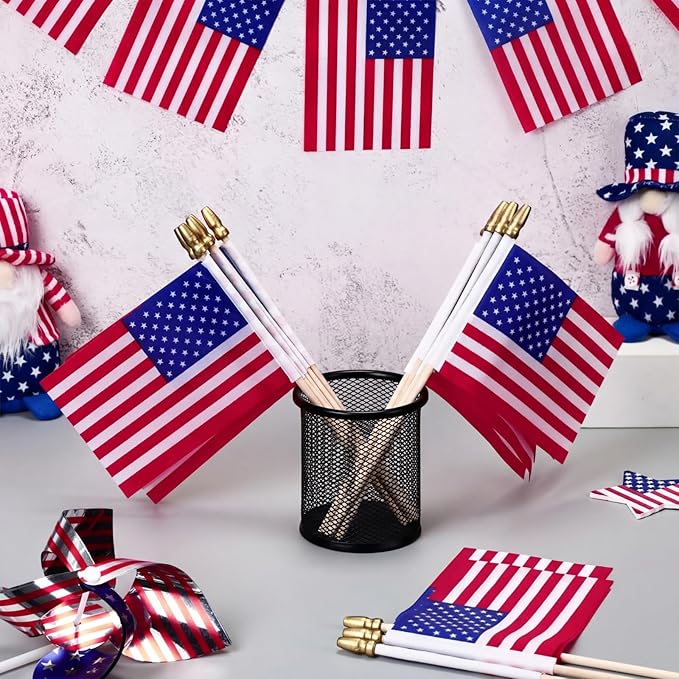 Tegeme 875 Pack Small American Flags on Stick 4 x 6 Inches Handheld Flags with Gold Spearhead for 250th Anniversary, 4th of July, Memorial Day, Parades Patriotic Party Lawn Outdoor Decor