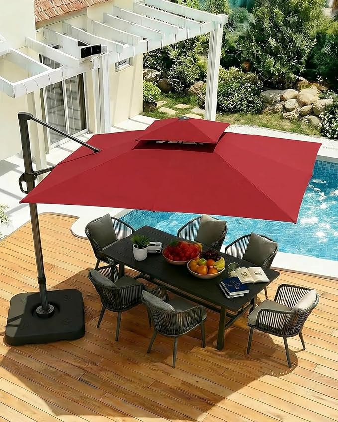 Hoteel 10ft Patio Umbrella Heavy Duty Aluminum Windproof & Shade Provision Outdoor Cantilever Double Top Offset Large Umbrella Height Adjustable with 360°Rotation for Patio Pool Deck Gazebo, Wine Red