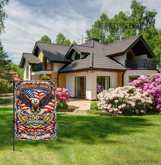 Stained Glass Patriotic Garden Flag 12x18 Inch, 250th Anniversary 1776-2026 American Eagle Flag, 4th of July Independence Day Yard Outdoor Decor, Double Sided Burlap