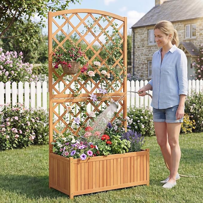 S AFSTAR Wooden Raised Garden Bed with Trellis, 63" Tall Planter Box with Drainage for Vines Climbing Plants Flowers Herbs, Elevated Gardening Planter for Backyard, Balcony & Patio
