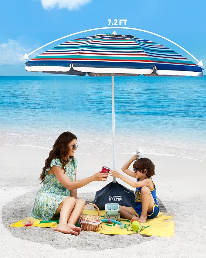 OutdoorMaster Beach Umbrellas for Sand with Sandbag & Anchor, 7.2ft Adjustable Umbrella for Beach Heavy Duty Wind, Portable UPF50+ Sunshade with Carry Bag for Patio