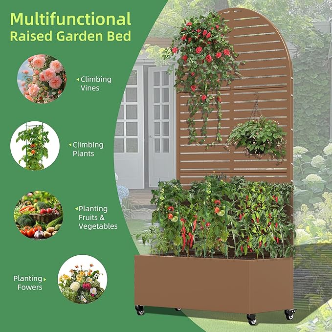 Casaphoria Metal Raised Garden Bed with Trellis and Wheels, 72"x35"x16" Arched Planter Box for Climbing Plants, Vegetables & Vines, Features Drainage Holes and Privacy Screen (Brown-Louvered)