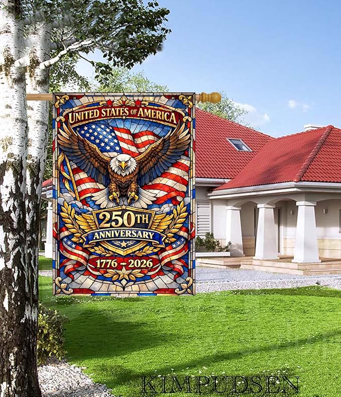Stained Glass Patriotic Large Garden Flag 28x40 Inch, 250th Anniversary 1776-2026 American Eagle House Flag, Independence Day Outdoor Decor, Double Sided Burlap