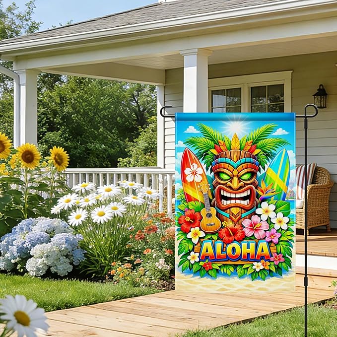IVN Tropical Tiki Aloha Garden Flag 12x18 Burlap Tiki Mask Palm Leaves Sunshine Beach Ocean Surfboards Hibiscus Flowers Double Sided Summer Outdoor Yard House Flag for Outside Home Front Door Lawn Porch Patio Welcome Summer Decor