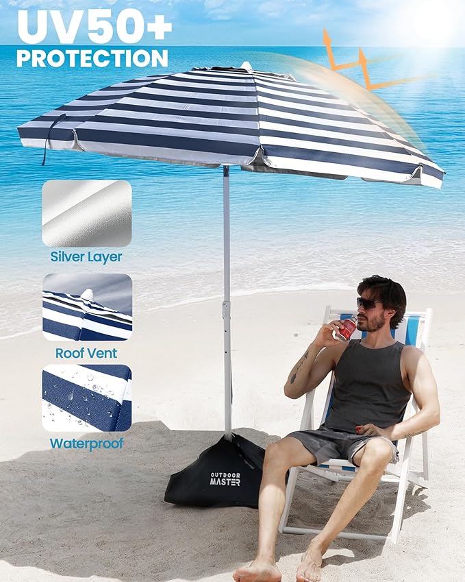 OutdoorMaster Beach Umbrellas for Sand with Sandbag & Anchor, 7.2ft Adjustable Umbrella for Beach Heavy Duty Wind, Portable UPF50+ Sunshade with Carry Bag for Patio
