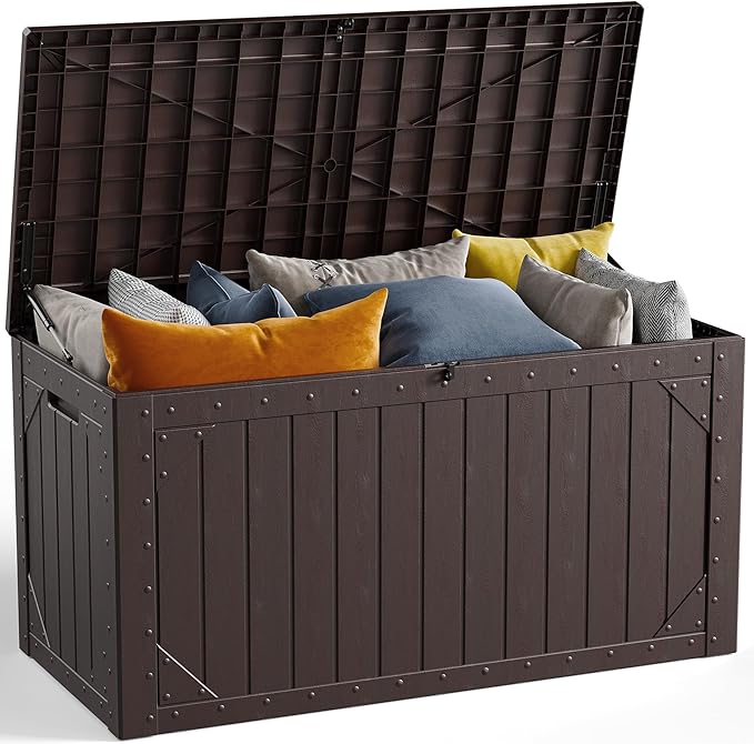 100 Gallon Outdoor Storage Box, Waterproof Resin Deck Box Organizer for Patio Cushion Storage, Lockable Outside Container for Garden Tools