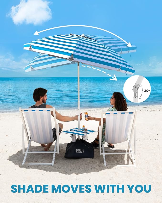 OutdoorMaster Beach Umbrellas for Sand with Sandbag & Anchor, 7.2ft Adjustable Umbrella for Beach Heavy Duty Wind, Portable UPF50+ Sunshade with Carry Bag for Patio