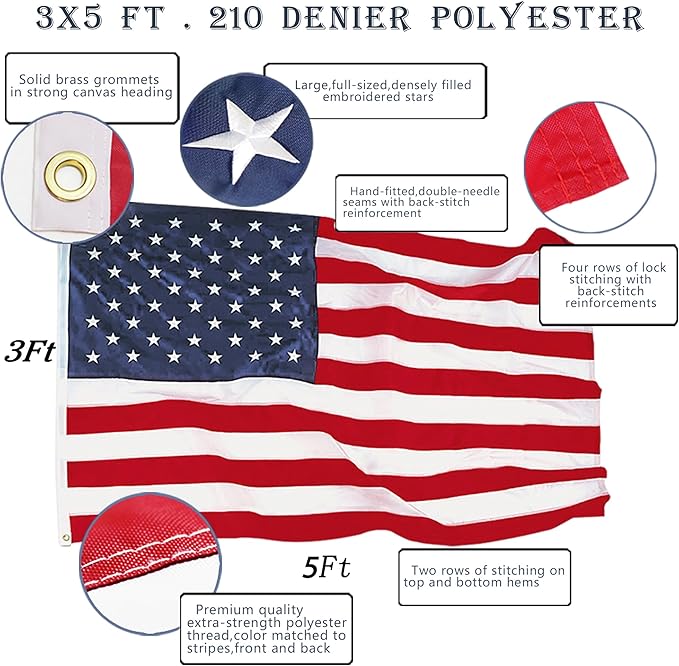 ANLEY EverStrong Series American Flag 3x5 Foot Heavy Duty - Embroidered Stars and Sewn Stripes - 4 Rows of Lock Stitching - US National Banner Flags with Brass Grommets 3 X 5 Ft