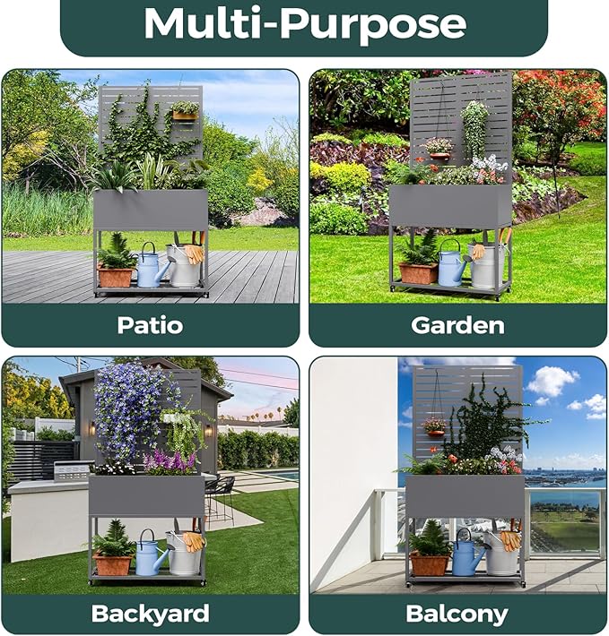Metal Planter Box, Multi-Functional & Easy to Assemble, 67" H x 35" W Raised Garden Bed for Climbing Plants, Elevated Standing Garden Planter with Drainage Holes for Outdoor Patio, Grey