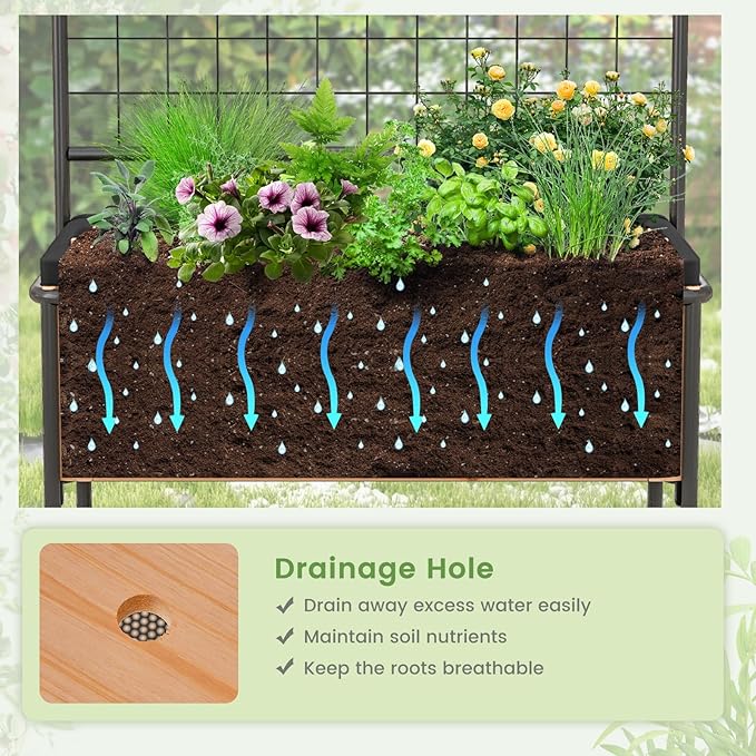 Giantex Raised Garden Bed with Trellis, Elevated Wood Metal Planter Box with 2-Tier Storage Shelves, Grid Divider, Drain Hole & Black Liner, Freestanding Garden Planter for Herb Vegetable Fruit Flower