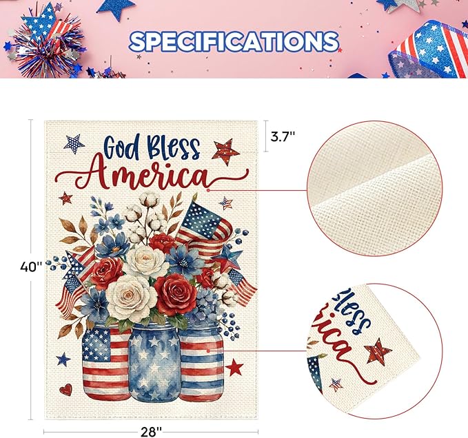 AVOIN colorlife God Bless America Mason Jar Patriotic House Flag 28x40 Inch Double Sided Outside, 4th of July Memorial Day Stars and Stripes Floral Yard Outdoor Decoration