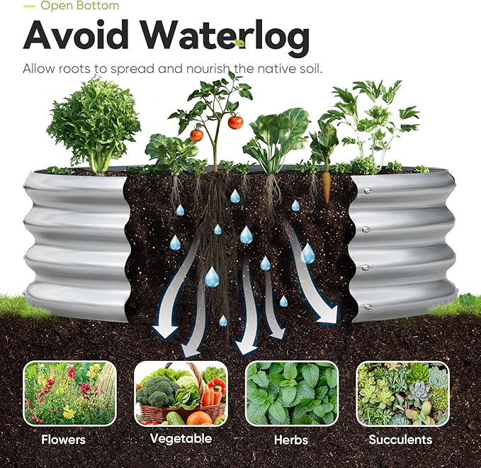 KING BIRD Raised Garden Bed Galvanized Round Planter Box Outdoor for Gardening, Plants, Vegetables, Flowers, Silver, 47x47x12 in