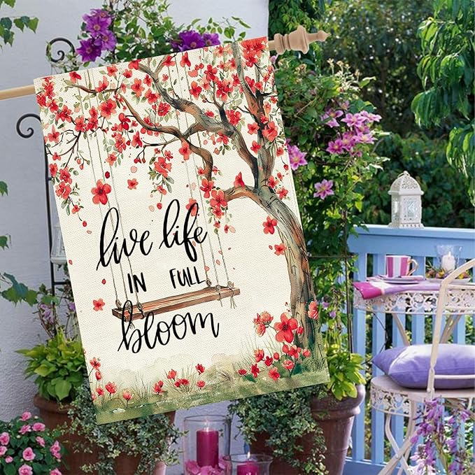 Baccessor Spring Summer House Flag 28 X 40 Inch, Red Floral Tree Swing Double Sided Burlap Welcome Large Yard Flag Seasonal Holiday Lawn Proch Outdoor Outside Decor