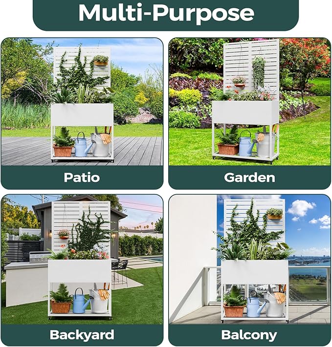 Metal Planter Box, Multi-Functional & Easy to Assemble, 67" H x 35" W Raised Garden Bed for Climbing Plants, Elevated Standing Garden Planter with Drainage Holes for Outdoor Patio, White