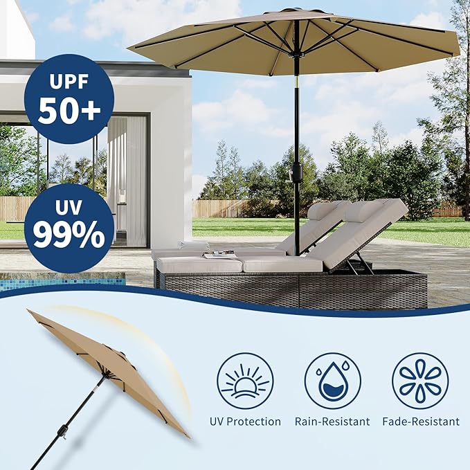 GarveeLife 9FT Patio Umbrella Outdoor, Table Umbrella with Push Button Tilt and Crank, 8 Sturdy Ribs UV Protection Waterproof for Garden, Pool, Market, Deck (Tan)
