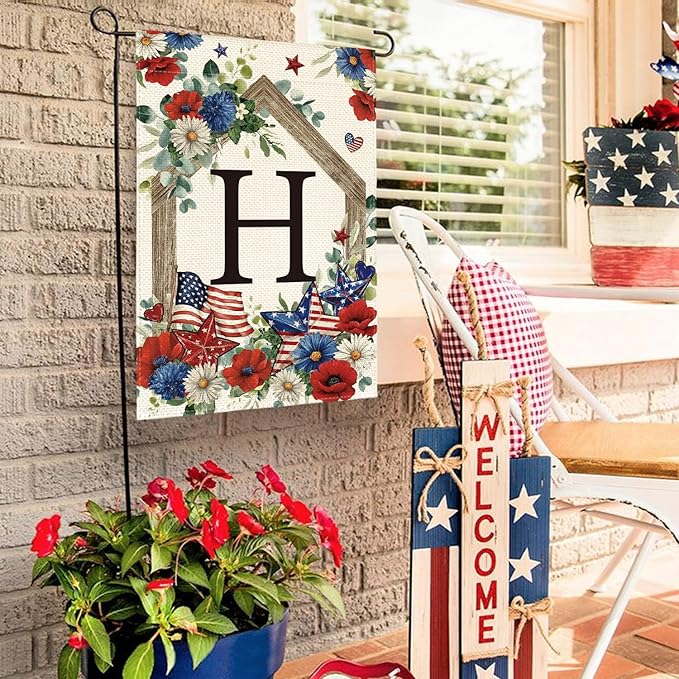 AVOIN colorlife Initial Letter H Monogram Patriotic Garden Flag 12x18 Inch Double Sided Outside, 4th of July Memorial Day Floral Family Last Name Yard Outdoor Decoration