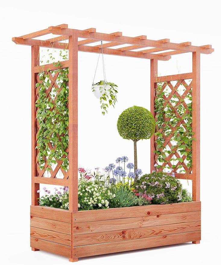 Raised Garden Bed with Trellis, Wood Planter Box with Hanging Roof, Side Trellis & Drainage, Freestanding Garden Planter for Climbing Plants, Vegetables, Flowers