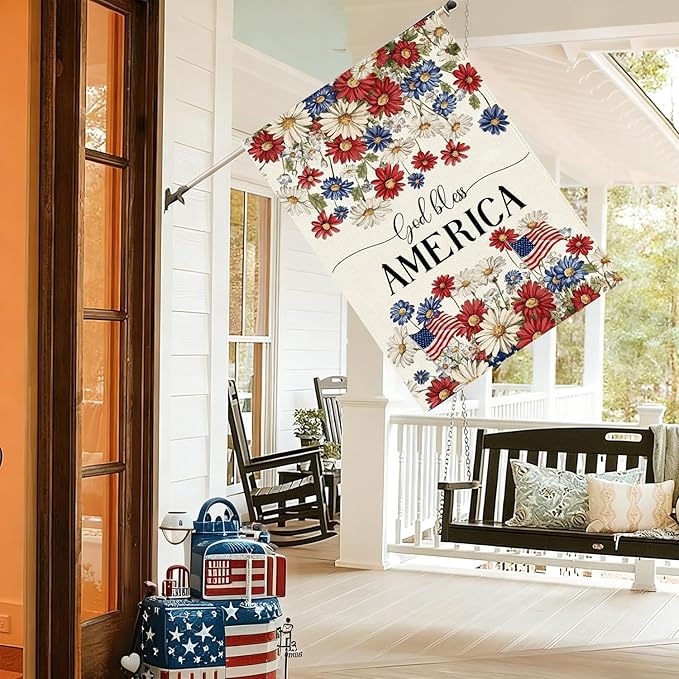 Baccessor Patriotic House Flag 28 X 40 Inch, Double Sided Burlap 4th of July Memorial Day Flowers Welcome Large Yard Flag for Porch Patio Summer Holiday Outdoor Outside Decor